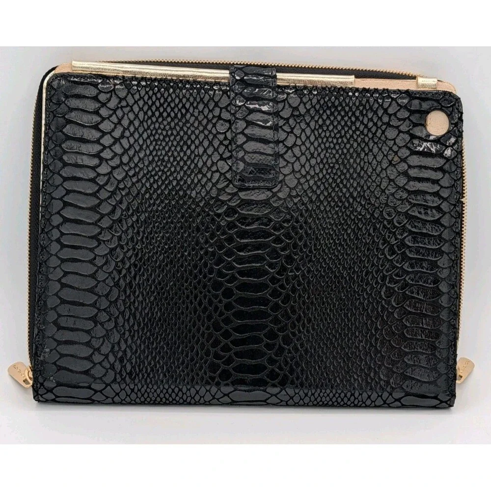 Michael Kors Black Python Embossed Zip Around iPad Folio Case Gold Hardware MK
